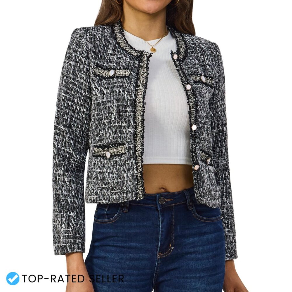 Cropped Tweed Blazer Long Sleeve Crewneck Lace Trim Lightweight Work Jacket